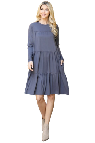 Long Sleeve Flat Merrow Detail Hem Woven Dress Vintage Navy - Pack of 4