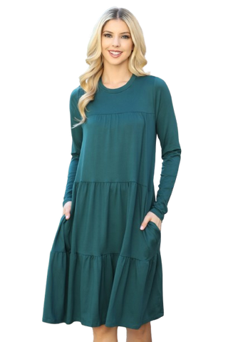 Solid Long Sleeve Shirring Tiered Detailed Dress Dusty Blue - Pack of 6