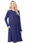 Solid Long Sleeve Shirring Tiered Detailed Dress Navy - Pack of 6