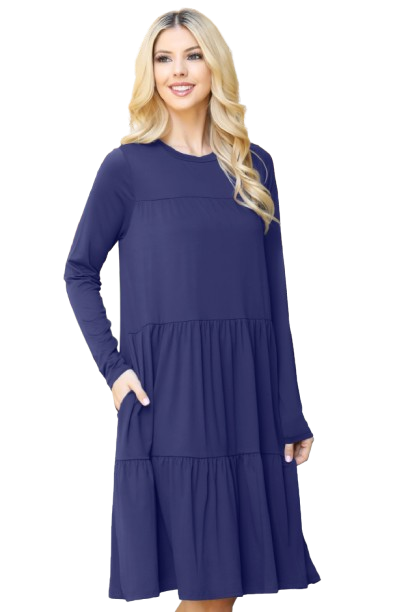 Solid Long Sleeve Shirring Tiered Detailed Dress Navy - Pack of 6