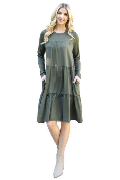 Solid Long Sleeve Shirring Tiered Detailed Dress Olive - Pack of 6