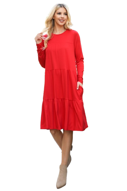 Solid Long Sleeve Shirring Tiered Detailed Dress Red - Pack of 6