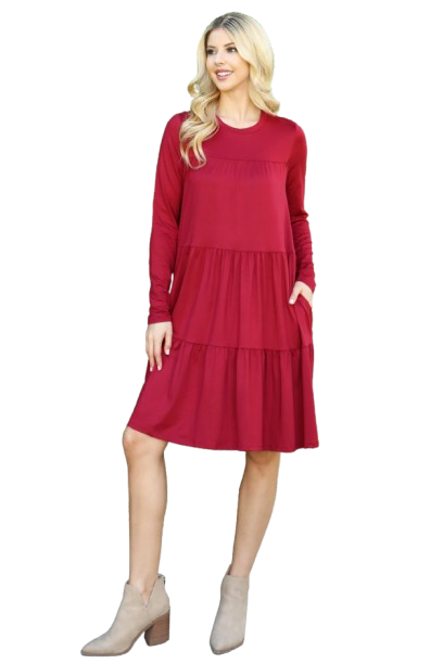 Solid Long Sleeve Shirring Tiered Detailed Dress Wine - Pack of 6