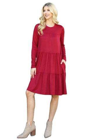 Solid V Neck Elastic Detail Sleeve Tiered Dress Red - Pack of 6