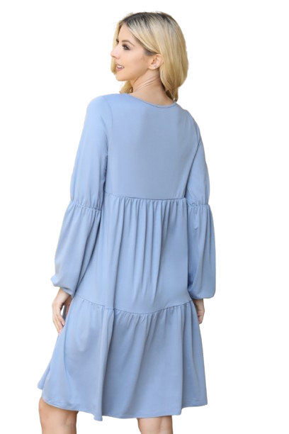 Solid V Neck Elastic Detail Sleeve Tiered Dress Dusty Blue - Pack of 6