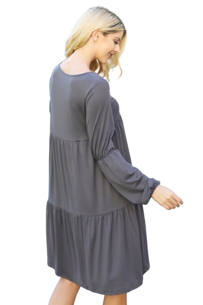 Solid V Neck Elastic Detail Sleeve Tiered Dress Gray Dark - Pack of 6