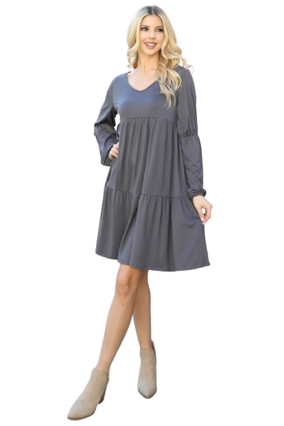 Solid V Neck Elastic Detail Sleeve Tiered Dress Gray Dark - Pack of 6