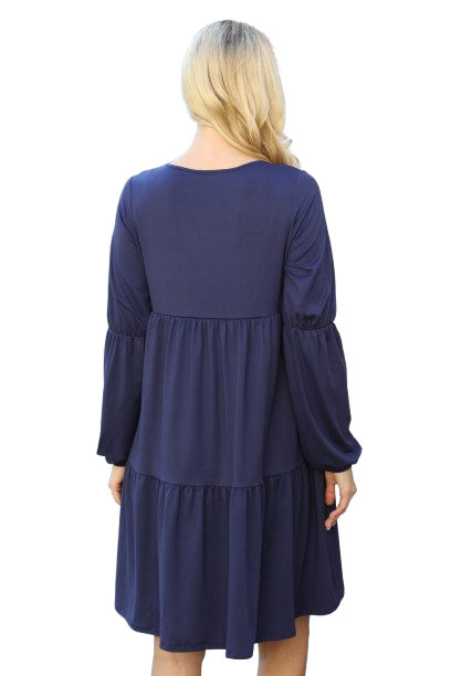 Solid V Neck Elastic Detail Sleeve Tiered Dress Navy - Pack of 6