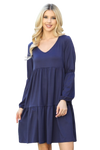 Solid V Neck Elastic Detail Sleeve Tiered Dress Navy - Pack of 6