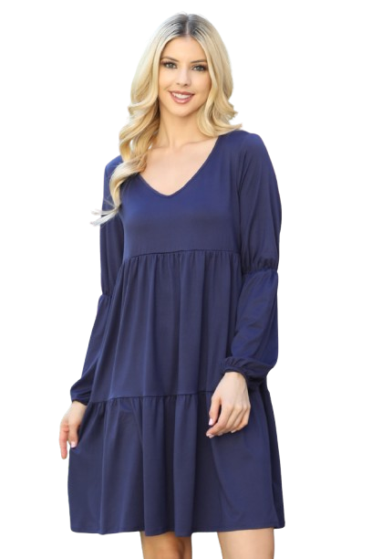 Solid V Neck Elastic Detail Sleeve Tiered Dress Navy - Pack of 6