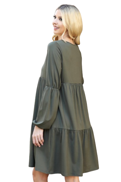 Solid V Neck Elastic Detail Sleeve Tiered Dress Olive - Pack of 6