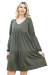 Solid V Neck Elastic Detail Sleeve Tiered Dress Aloe - Pack of 6