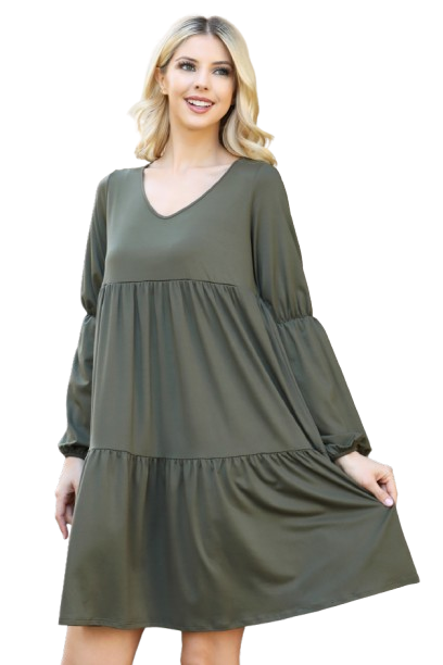 Solid V Neck Elastic Detail Sleeve Tiered Dress Olive - Pack of 6