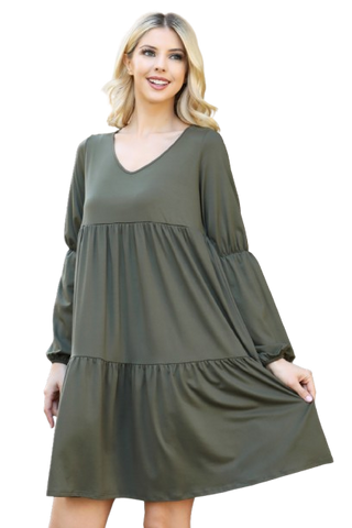 Long Sleeve Flat Merrow Detail Hem Woven Dress Olive - Pack of 4