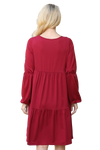 Solid V Neck Elastic Detail Sleeve Tiered Dress Wine - Pack of 6