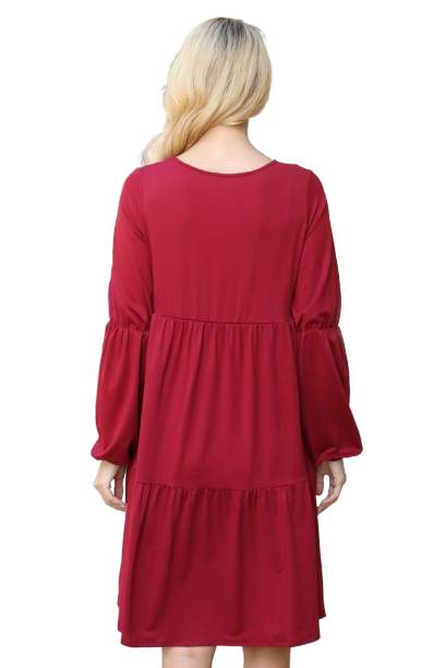 Solid V Neck Elastic Detail Sleeve Tiered Dress Wine - Pack of 6