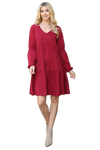 Solid V Neck Elastic Detail Sleeve Tiered Dress Wine - Pack of 6