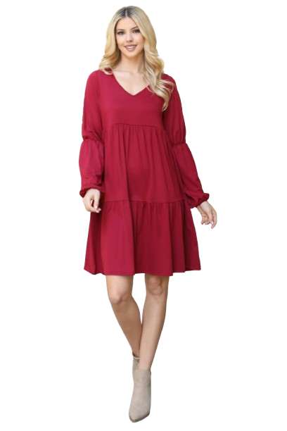 Solid V Neck Elastic Detail Sleeve Tiered Dress Wine - Pack of 6