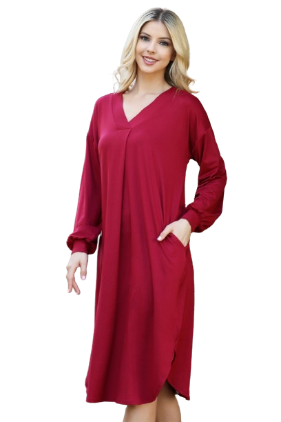 Solid V Neck Long Sleeve Dolphin Hem Dress Wine - Pack of 6