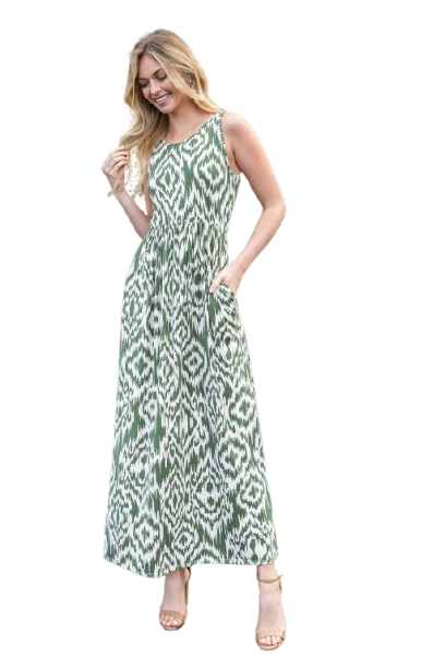 Aztec Sleeveless Maxi Dress Olive - Pack of 6