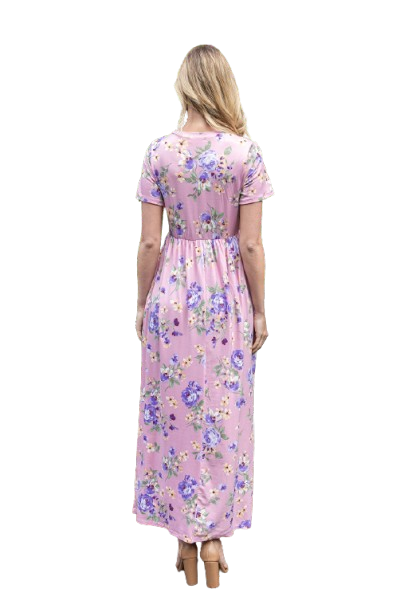 Short Sleeve Floral Elastic Waist Maxi Dress Lilac - Pack of 6