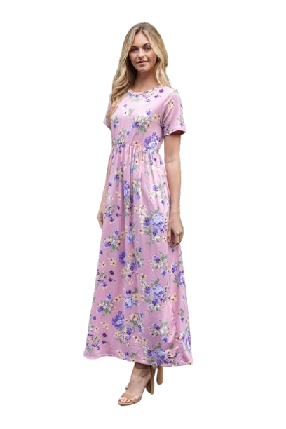 Short Sleeve Floral Elastic Waist Maxi Dress Lilac - Pack of 6