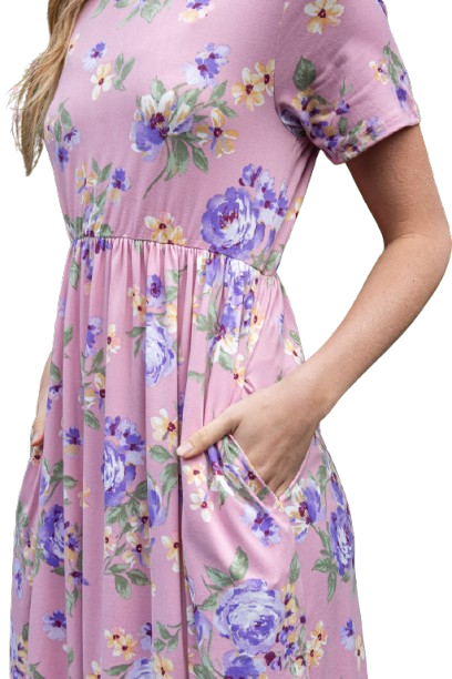 Short Sleeve Floral Elastic Waist Maxi Dress Lilac - Pack of 6