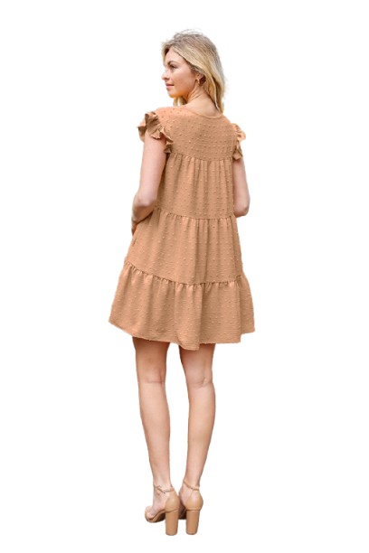 Swiss Dot Ruffle Sleeve Tiered Dress Camel - Pack of 6