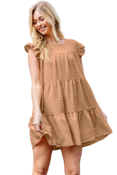 Swiss Dot Ruffle Sleeve Tiered Dress Camel - Pack of 6