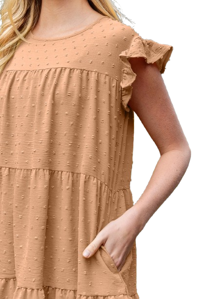 Swiss Dot Ruffle Sleeve Tiered Dress Camel - Pack of 6