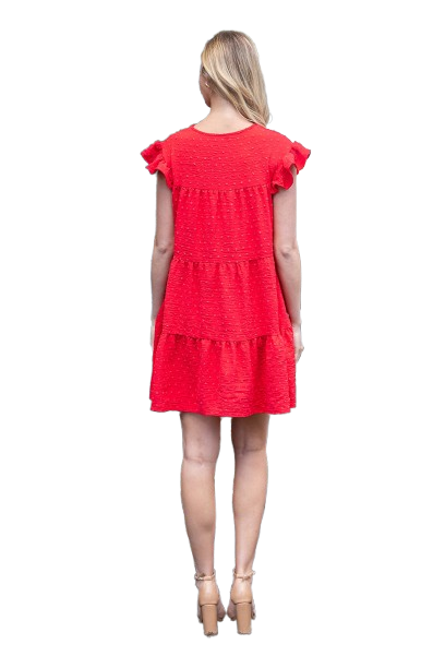 Swiss Dot Ruffle Sleeve Tiered Dress Tomato Red - Pack of 6