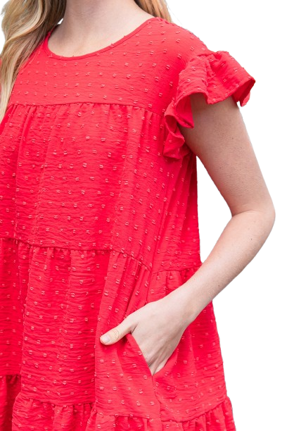 Swiss Dot Ruffle Sleeve Tiered Dress Tomato Red - Pack of 6