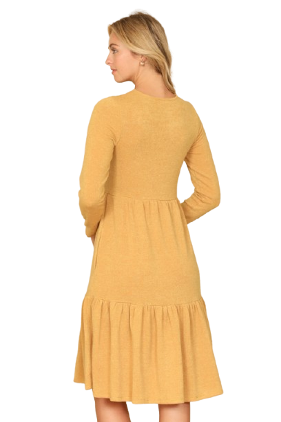 Long Sleeve Round Neck Chambray Tiered  Dark Mustard - Pack of 6