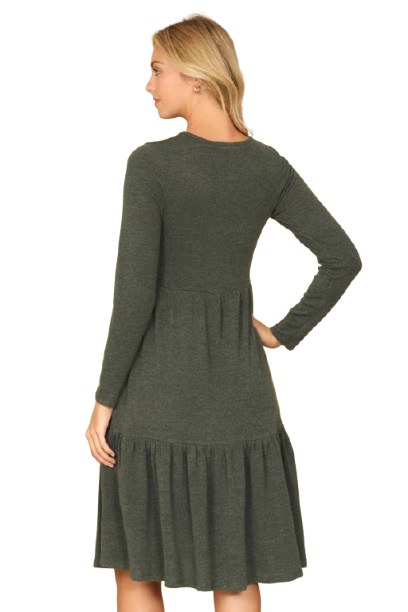 Long Sleeve Round Neck Chambray Tiered  Dark Olive - Pack of 6