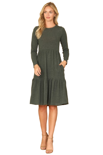 Long Sleeve Round Neck Chambray Tiered  Dark Olive - Pack of 6