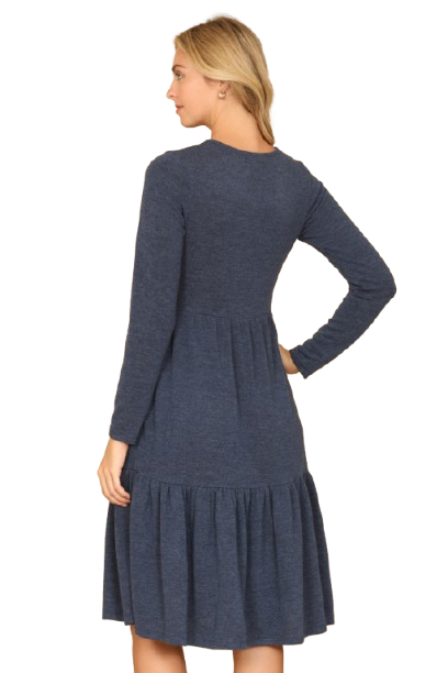 Long Sleeve Round Neck Chambray Tiered  Lt. Navy - Pack of 6