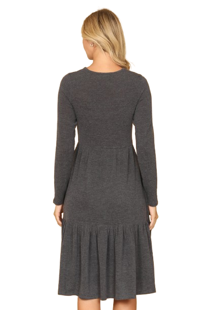 Long Sleeve Round Neck Chambray Tiered  New Charcoal - Pack of 6