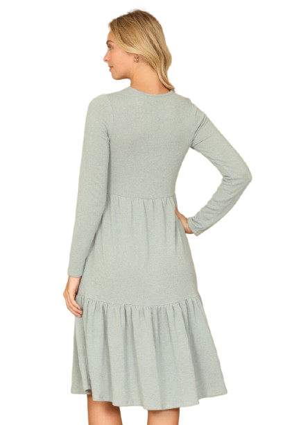 Long Sleeve Round Neck Chambray Tiered  Sage - Pack of 6