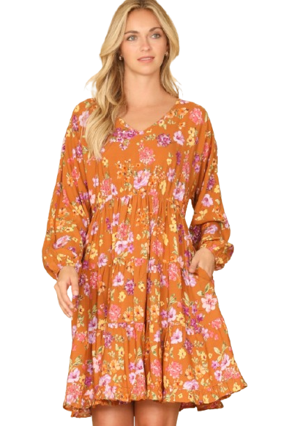 V Neck Floral Long Sleeve Tiered Dress Caramel - Pack of 6