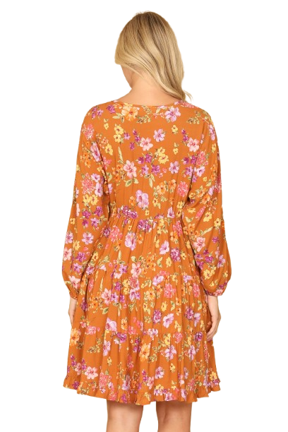 V Neck Floral Long Sleeve Tiered Dress Caramel - Pack of 6