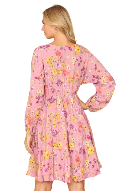 V Neck Floral Long Sleeve Tiered Dress Mauve - Pack of 6