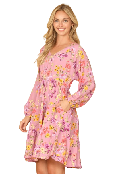 V Neck Floral Long Sleeve Tiered Dress Mauve - Pack of 6