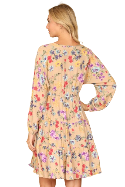 V Neck Floral Long Sleeve Tiered Dress Tan - Pack of 6