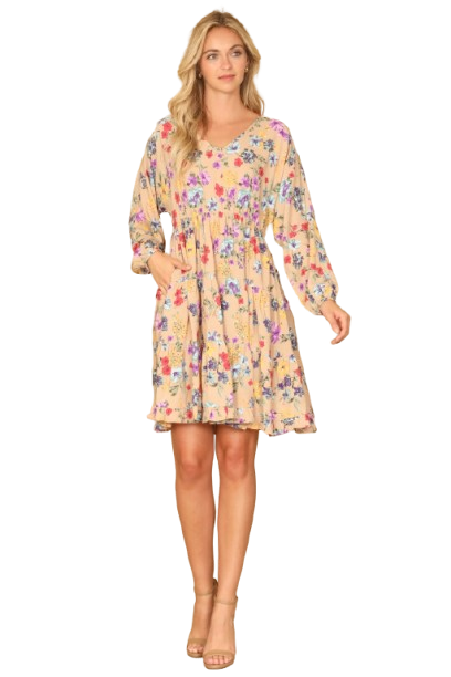 V Neck Floral Long Sleeve Tiered Dress Tan - Pack of 6