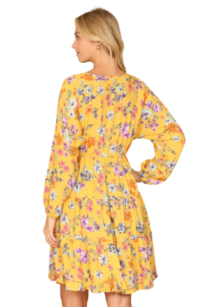 V Neck Floral Long Sleeve Tiered Dress Yellow Butter - Pack of 6