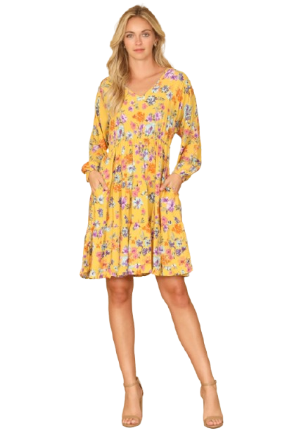 V Neck Floral Long Sleeve Tiered Dress Yellow Butter - Pack of 6