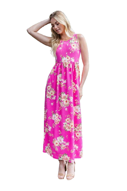 Floral Sleeveless Maxi Dress Pink Hot - Pack of 6