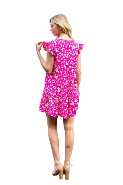 Floral Ruffle Sleeve Tiered Mini Dress Fuchsia Dark - Pack of 6