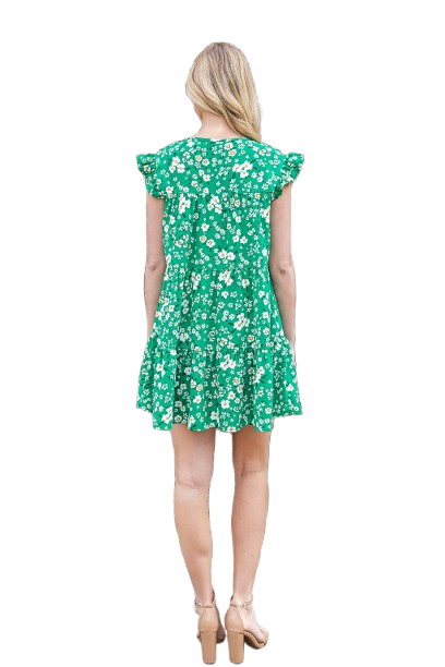 Floral Ruffle Sleeve Tiered Mini Dress Kelly Green - Pack of 6