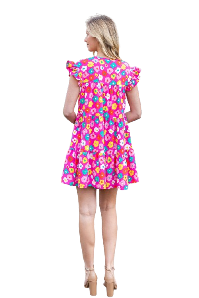 Floral Ruffle Sleeve Tiered Dress Hot Pink - Pack of 6